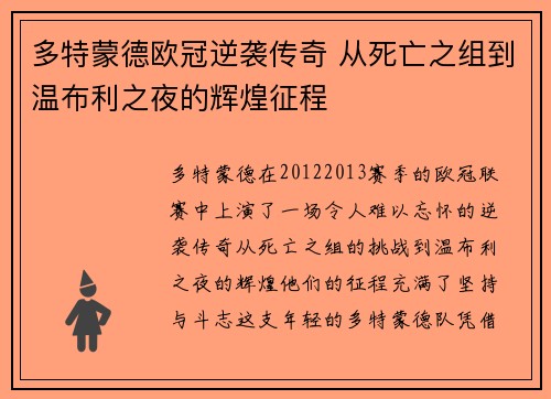 多特蒙德欧冠逆袭传奇 从死亡之组到温布利之夜的辉煌征程