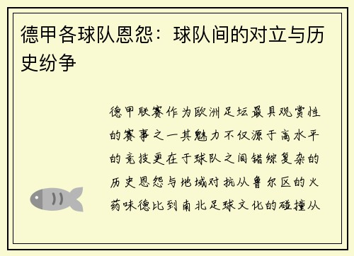 德甲各球队恩怨：球队间的对立与历史纷争