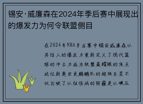 锡安·威廉森在2024年季后赛中展现出的爆发力为何令联盟侧目